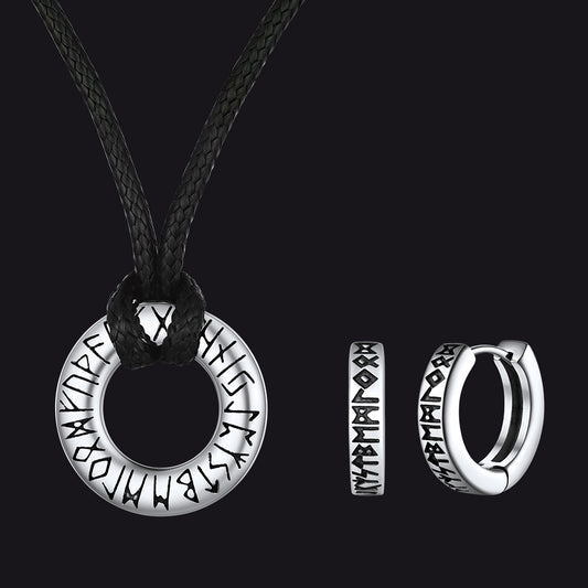 Norse Viking Rune Hoop Earrings & Circle Leather Necklace Setimg