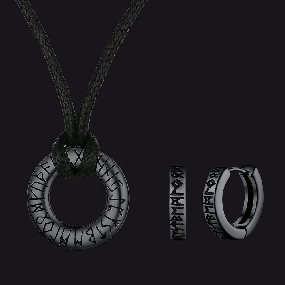 Norse Viking Rune Hoop Earrings & Circle Leather Necklace Set