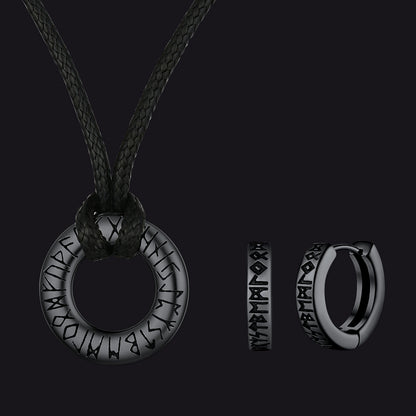 Norse Viking Rune Hoop Earrings & Circle Leather Necklace Set