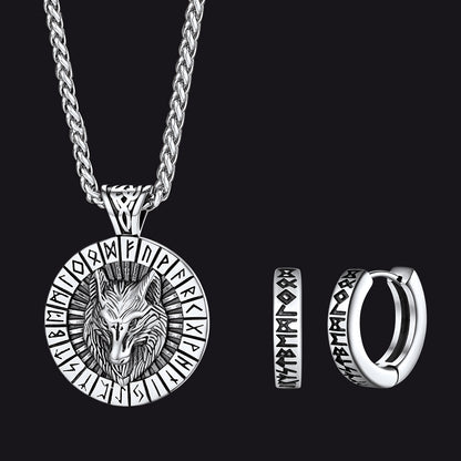Norse Viking Rune Hoop Earrings & Wolf Medal Necklace Set