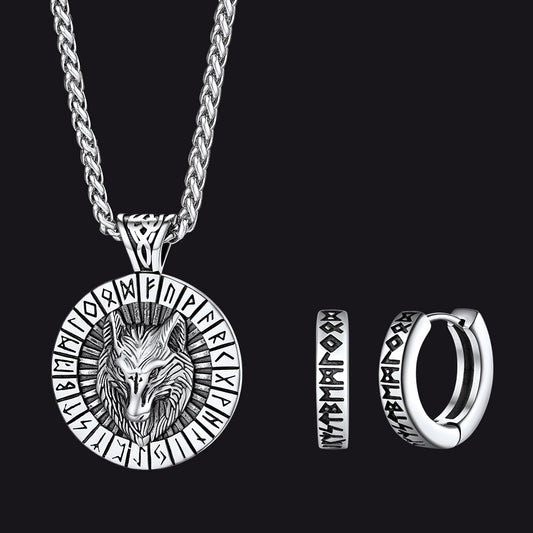 Norse Viking Rune Hoop Earrings & Wolf Medal Necklace Setimg