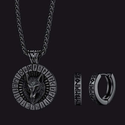 Norse Viking Rune Hoop Earrings & Wolf Medal Necklace Set