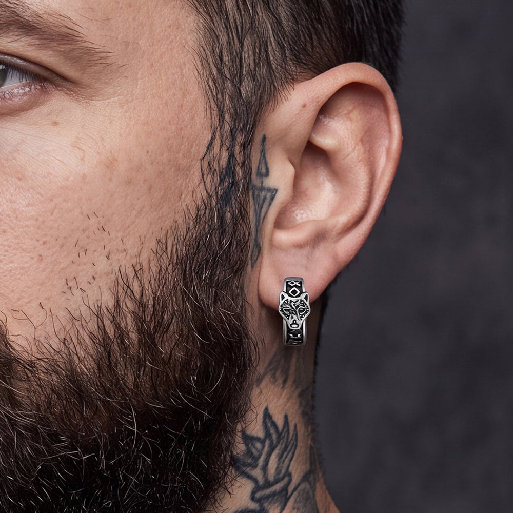 Norse Viking Rune Wolf Hoop Earrings for Men Husband BoyFriend