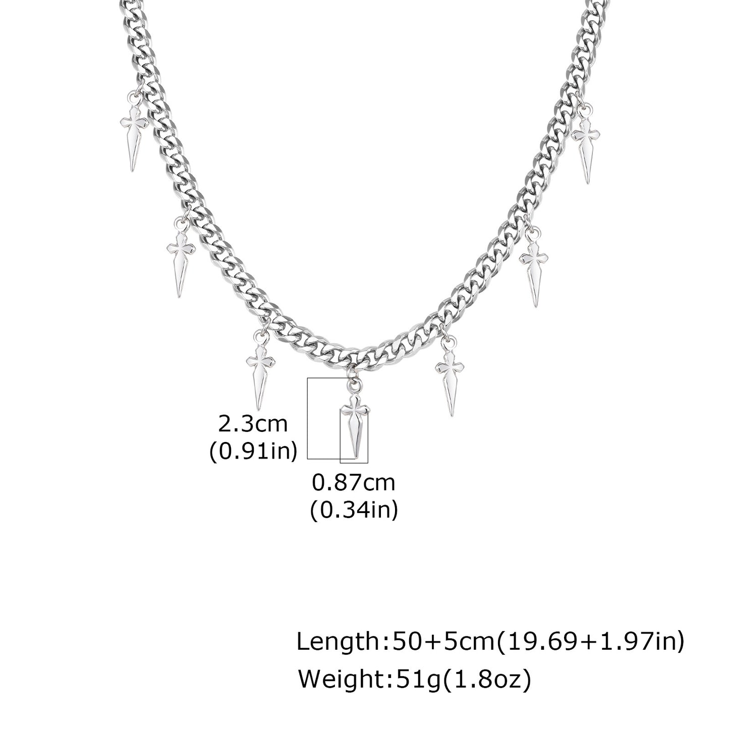 Gothic Cross and Spike Charmed Cuban Chain Necklace for Men Details: Dimensions, Hypoallergenic, Lobster-Claw-Clasps