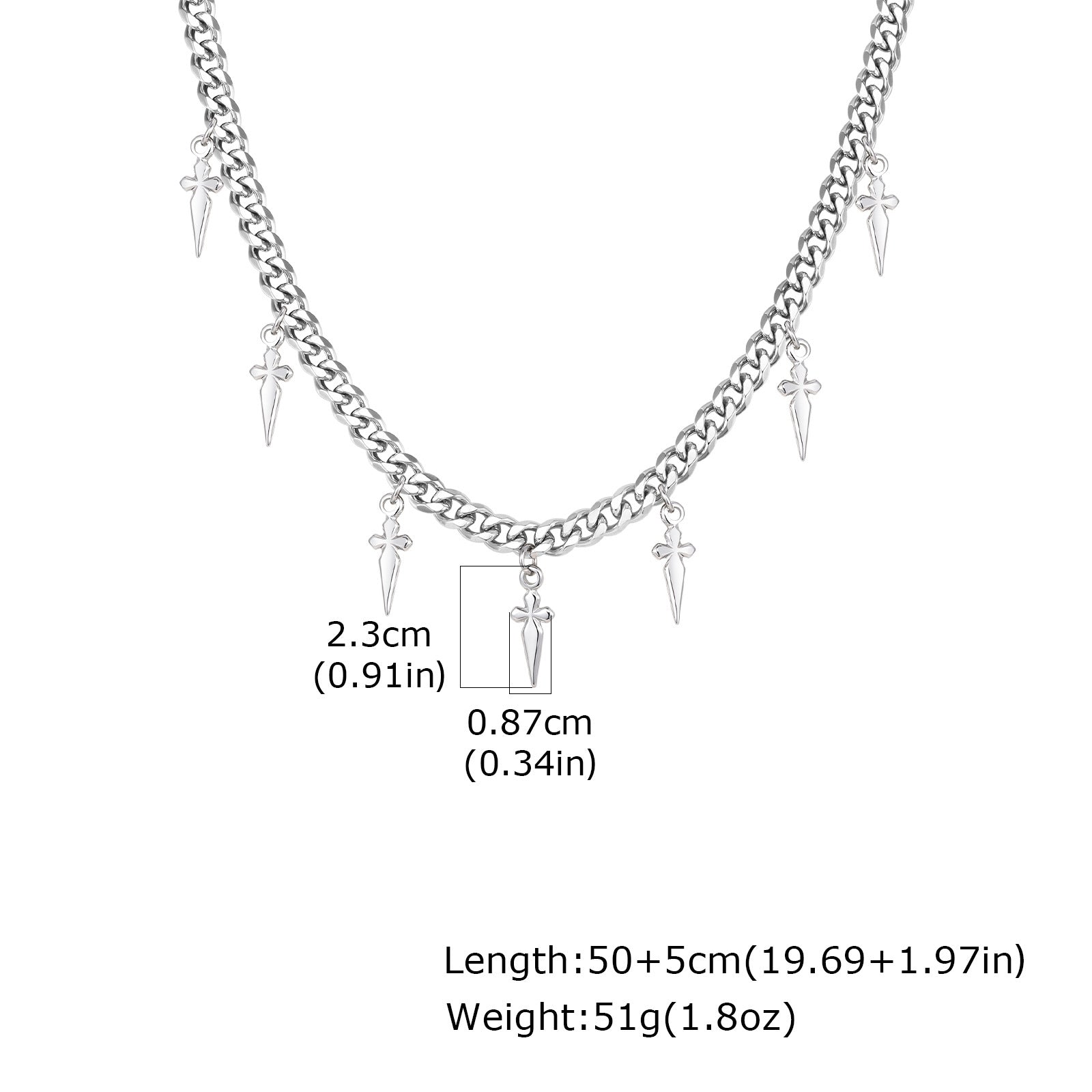 Gothic Cross and Spike Charmed Cuban Chain Necklace for Men Details: Dimensions, Hypoallergenic, Lobster-Claw-Clasps