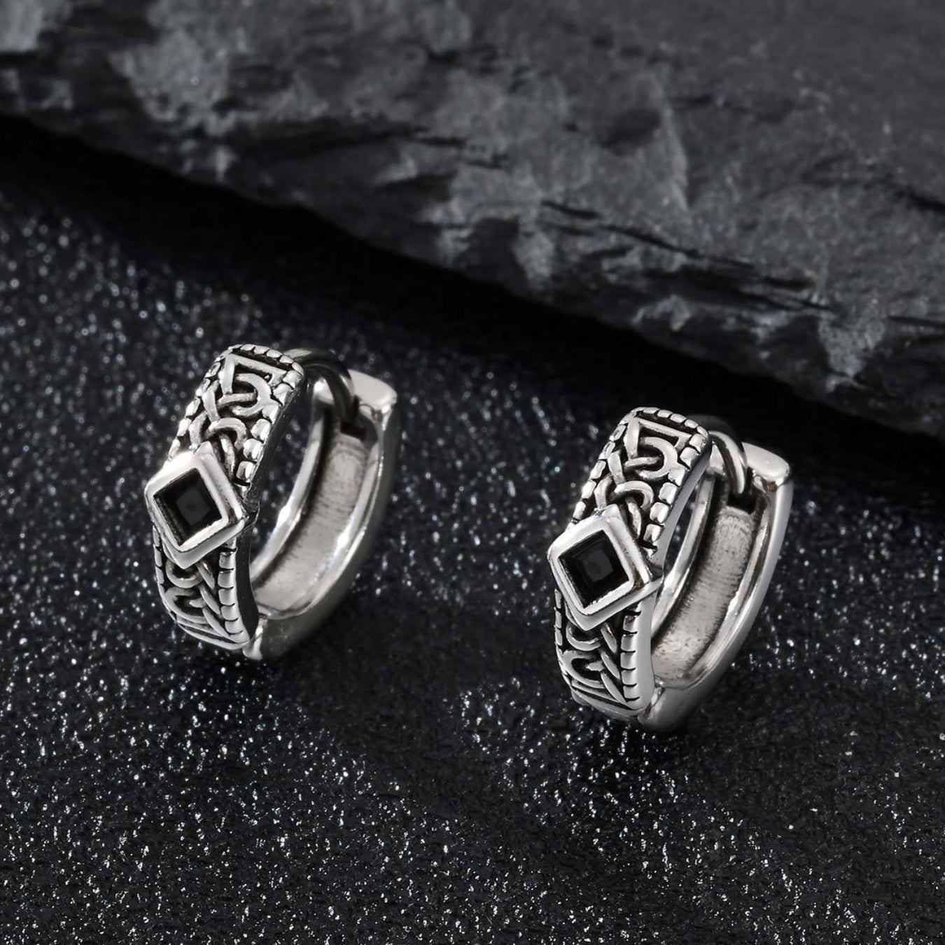 Silver Gothic Geometric Black Zircon Stone Hoop Earrings for Men, 13mm