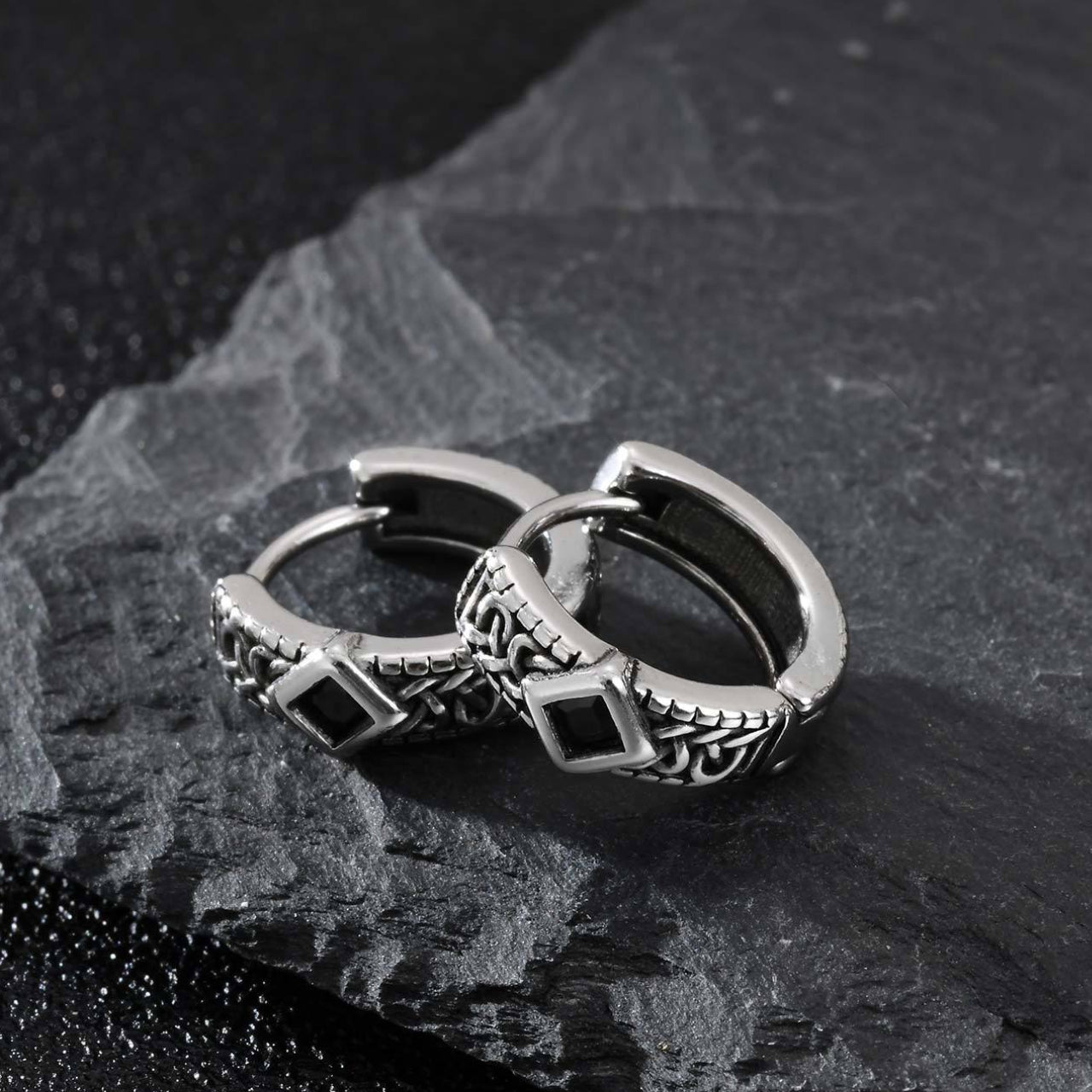 Silver Gothic Geometric Black Zircon Stone Hoop Earrings for Men, 13mm