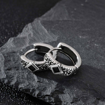 Silver Gothic Geometric Black Zircon Stone Hoop Earrings for Men, 13mm
