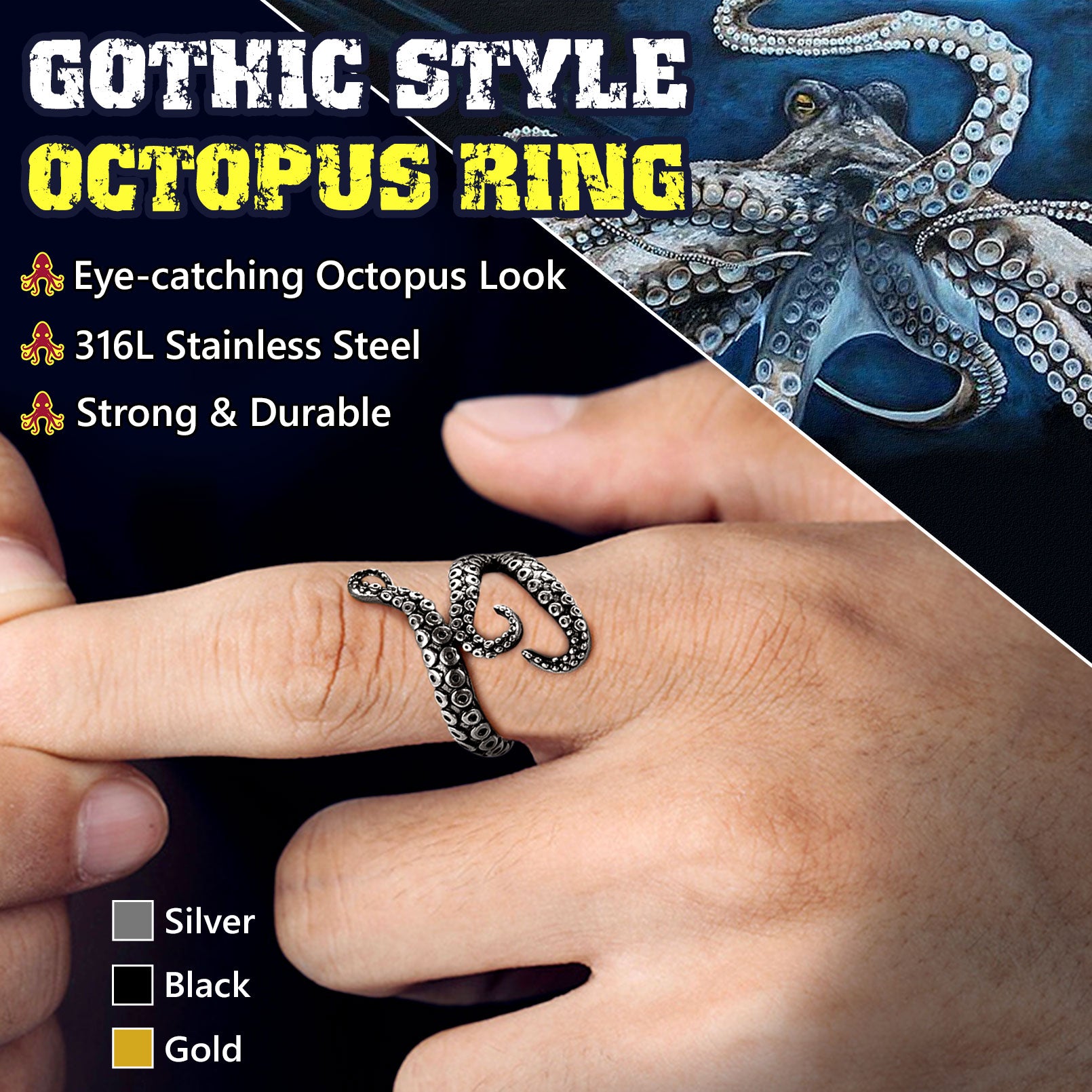 Punk Three Octopus Tentacle Ring For Men