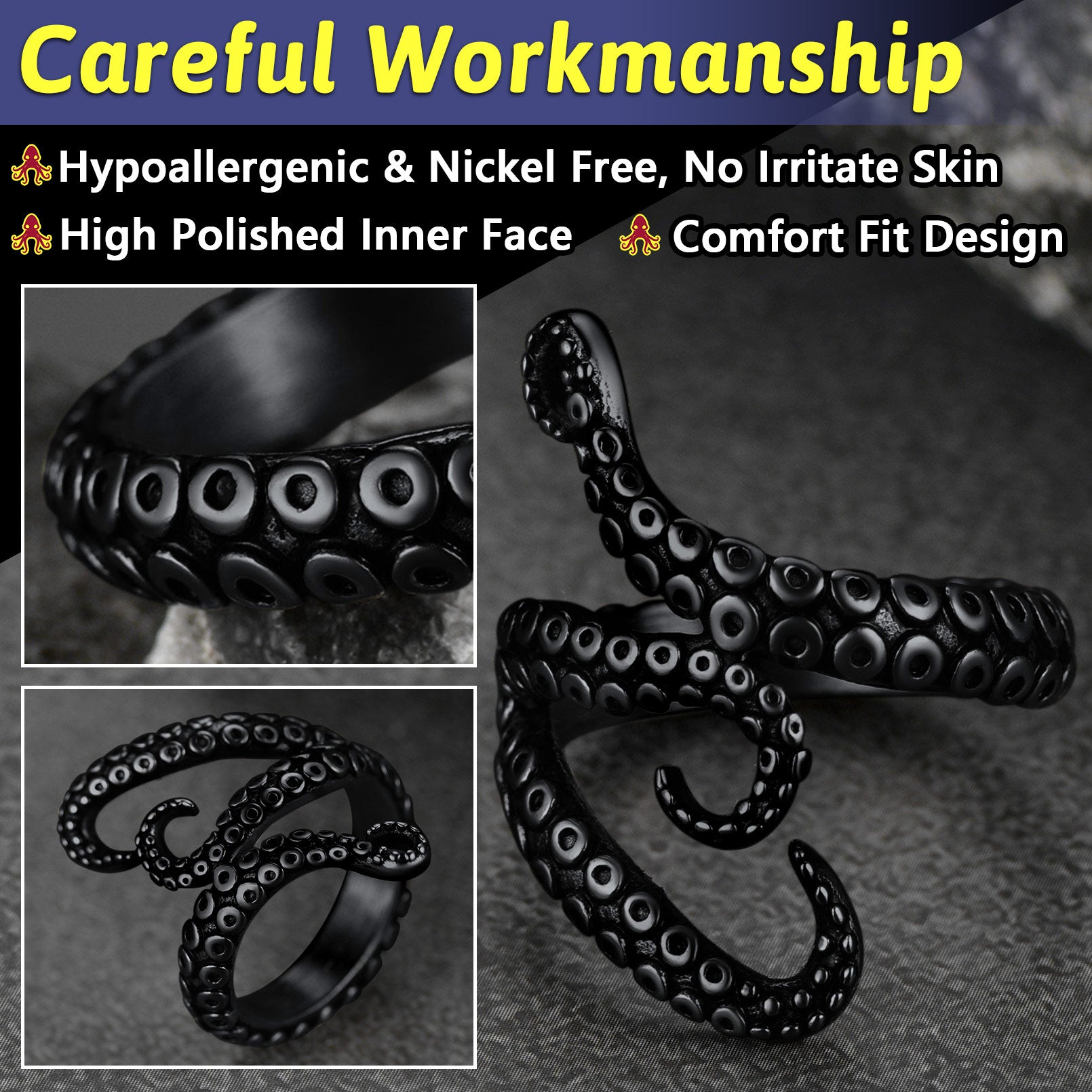 Punk Three Octopus Tentacle Ring For Men