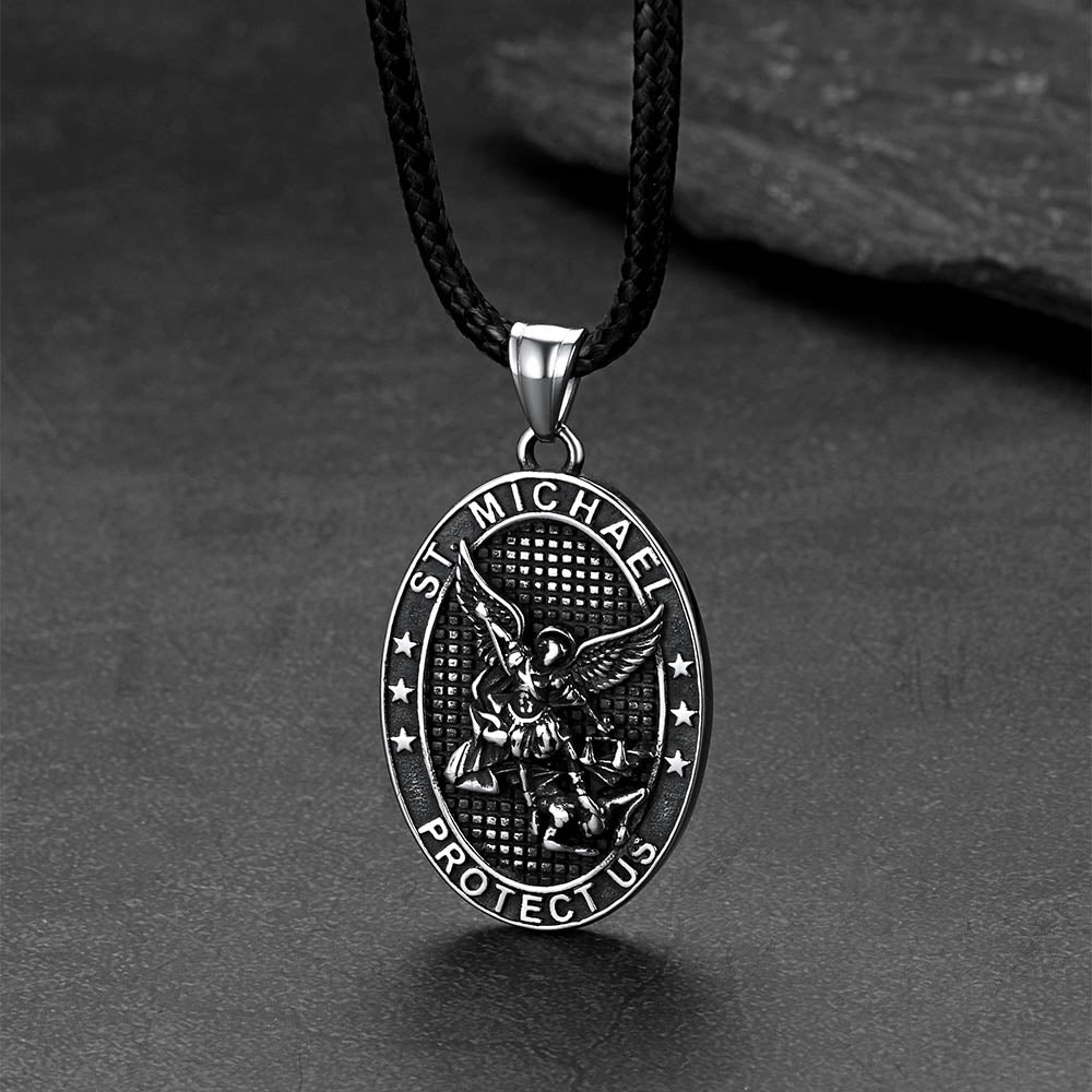Oval Archangel Saint Michael Leather Cord Necklace for Men