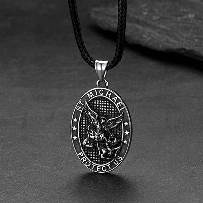 Oval Archangel Saint Michael Leather Cord Necklace for Men