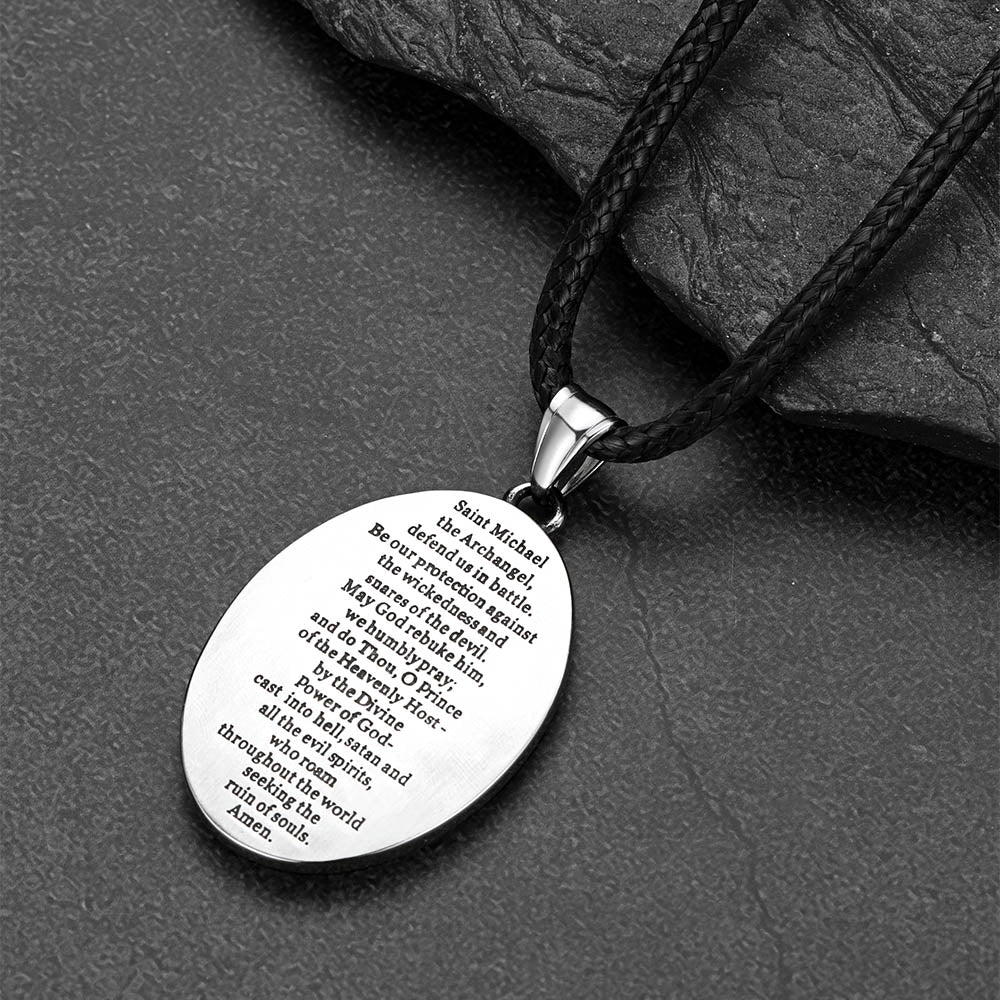 Oval Archangel Saint Michael Leather Cord Necklace for Men