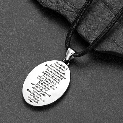 Oval Archangel Saint Michael Leather Cord Necklace for Men