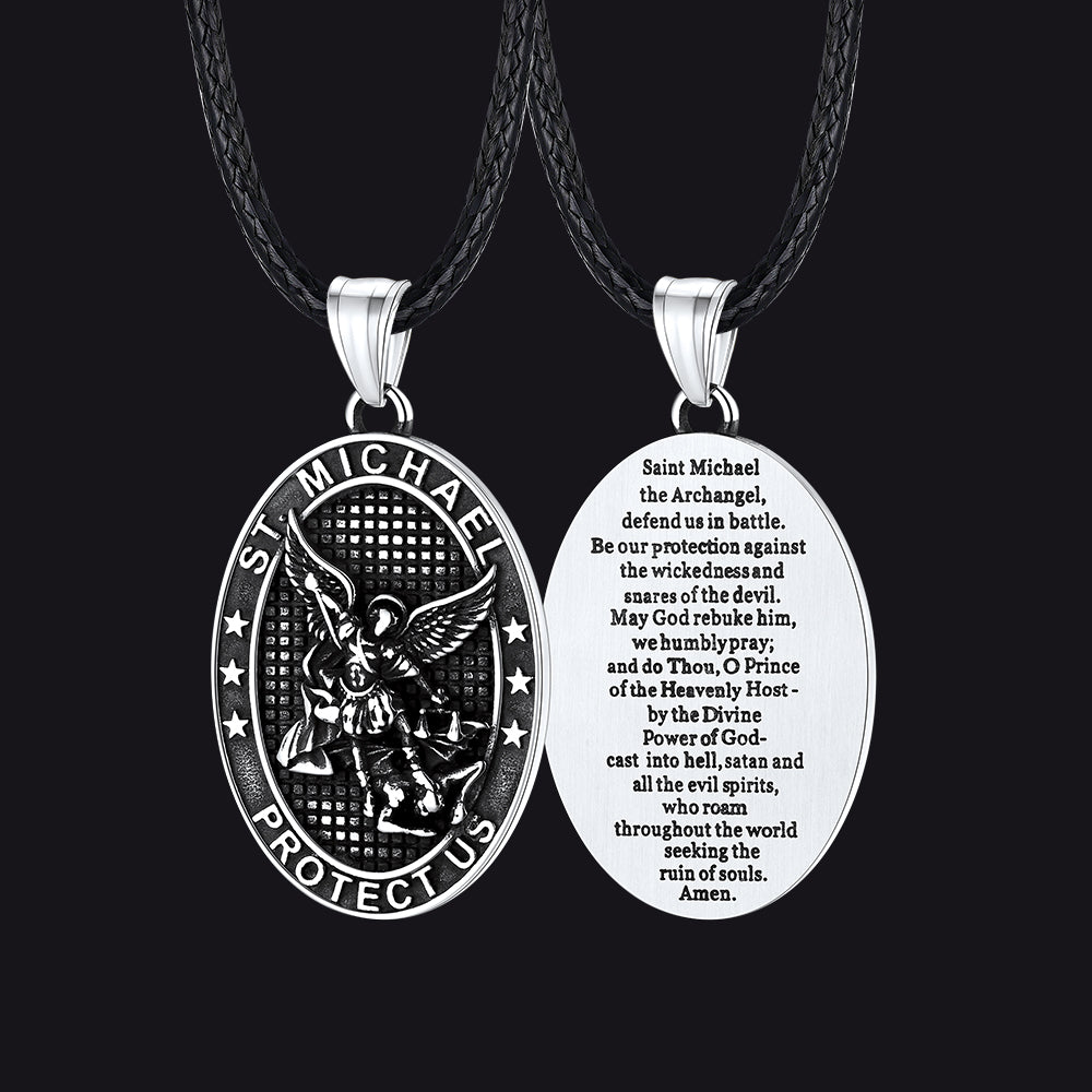 Oval Archangel Saint Michael Leather Cord Necklace for Men