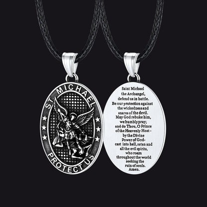 Oval Archangel Saint Michael Leather Cord Necklace for Men