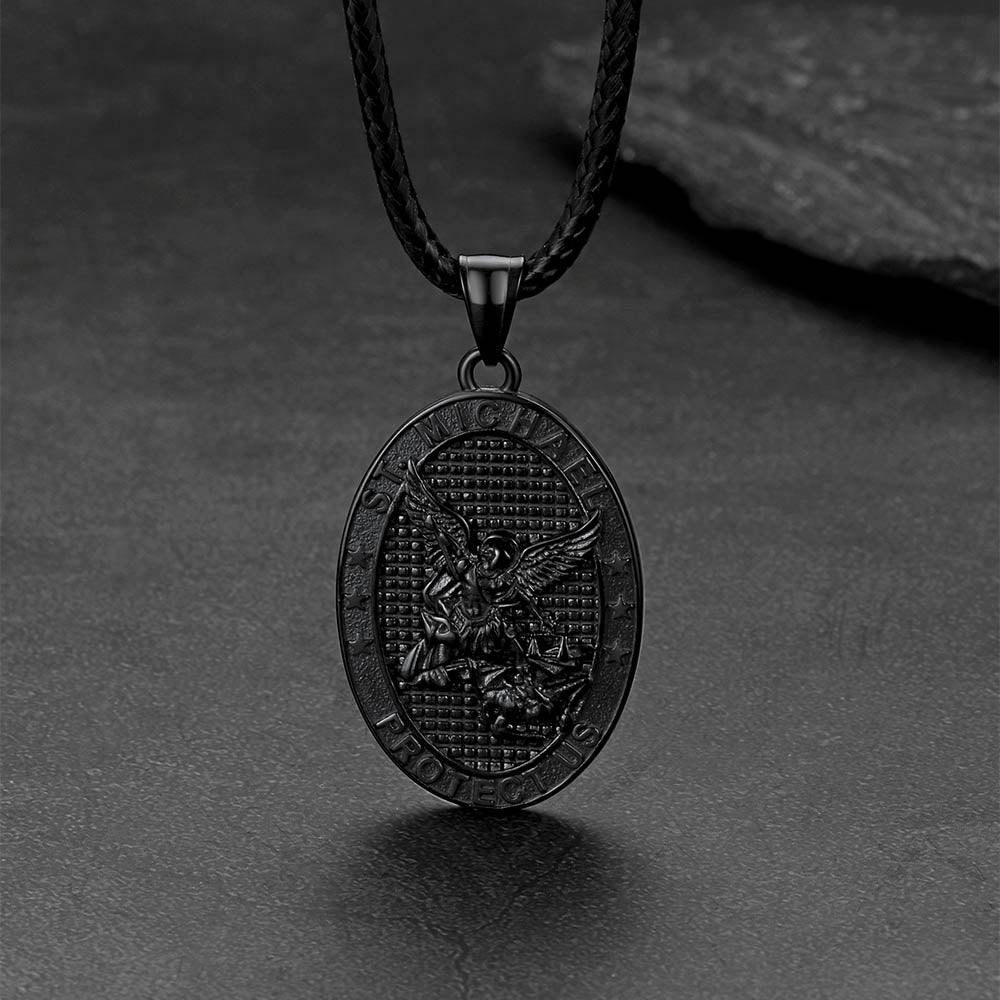 Oval Archangel Saint Michael Leather Cord Necklace for Men