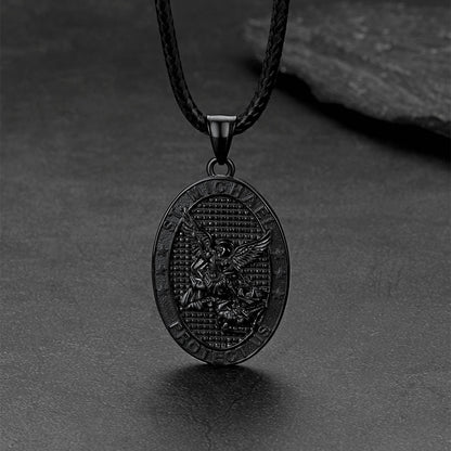 Oval Archangel Saint Michael Leather Cord Necklace for Men
