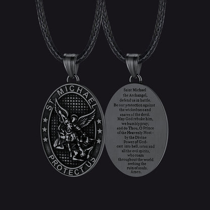 Oval Archangel Saint Michael Leather Cord Necklace for Men