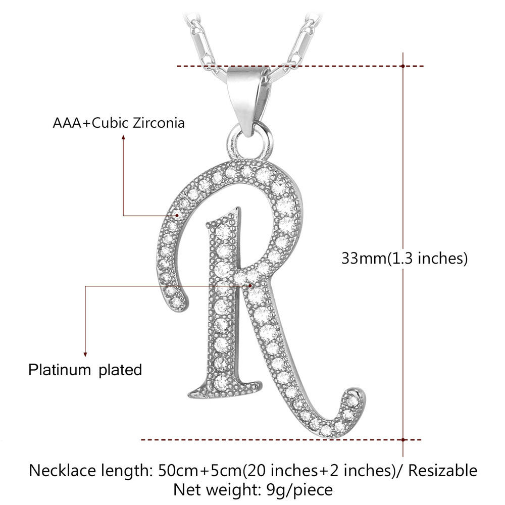 Silver necklace with letter 'R' pendant, showing dimensions and material details.