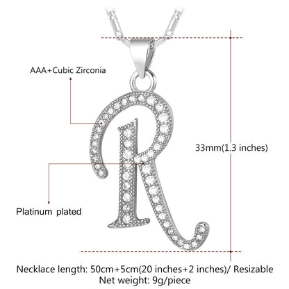 Silver necklace with letter 'R' pendant, showing dimensions and material details.