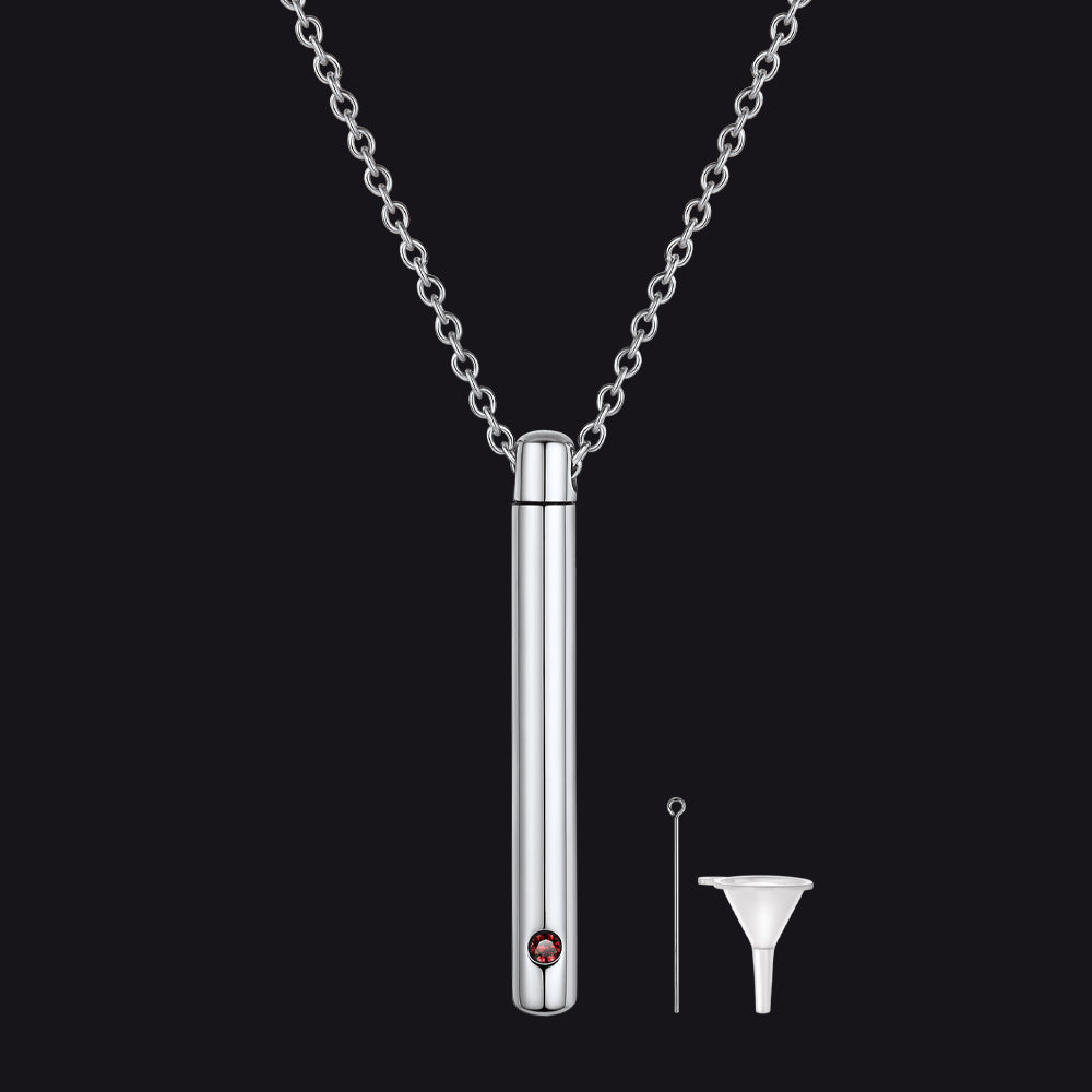 Silver Personalized Bar Urn Necklace for Ashes with Birthstone Keepsake Memorial Jewelry