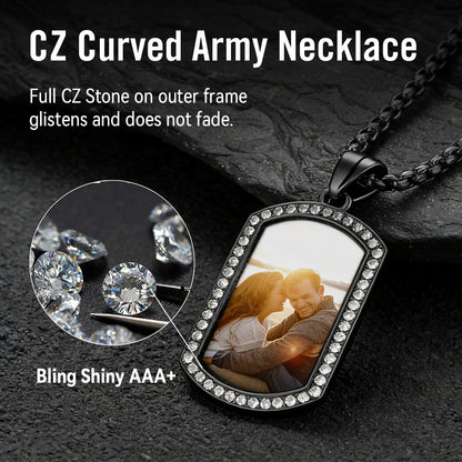 Custom Picture Army Dog Tag Necklace with bling stones on a dark background