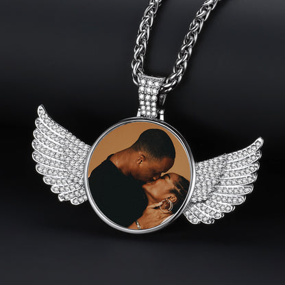 custom picture Necklace with a pendant featuring a couple and wings on a dark background