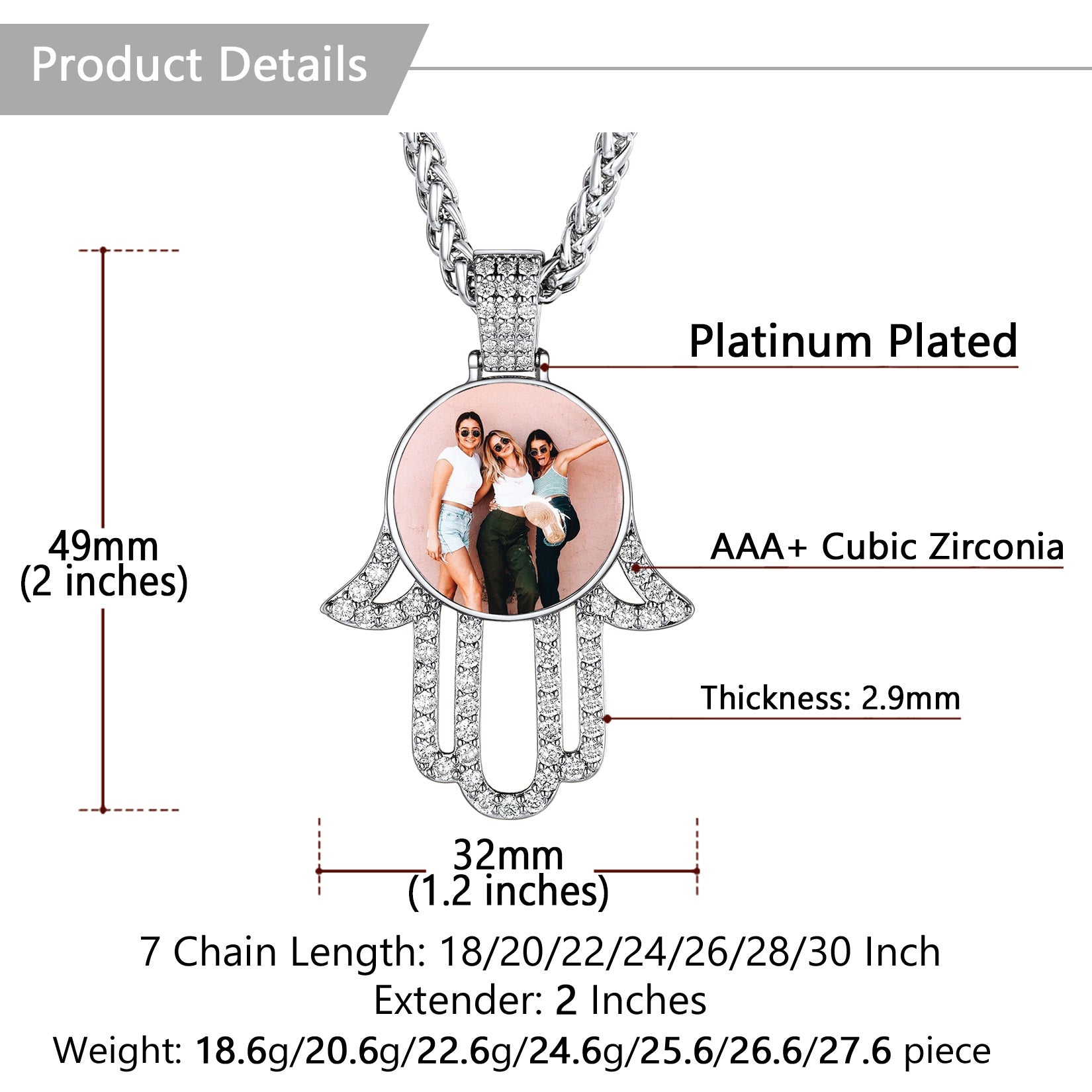 Jewelry pendant with photo insert and measurements on a white background