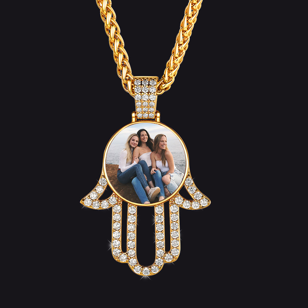 Gold cubic zirconia Hand of Fatima locket necklace
