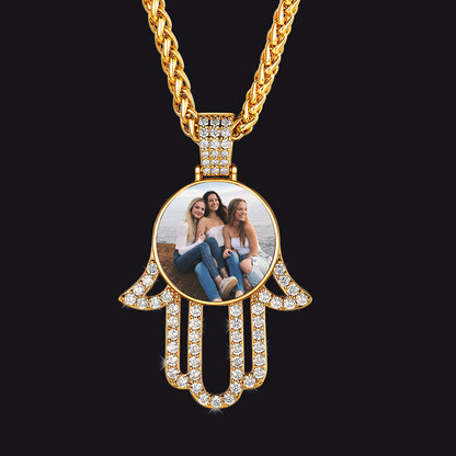 Gold cubic zirconia Hand of Fatima locket necklace