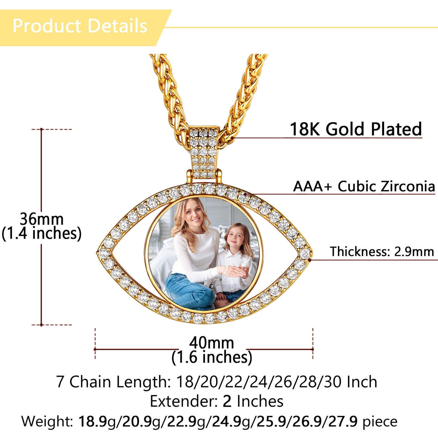 Personalized Picture Evil Eye Necklace with CZ for Men