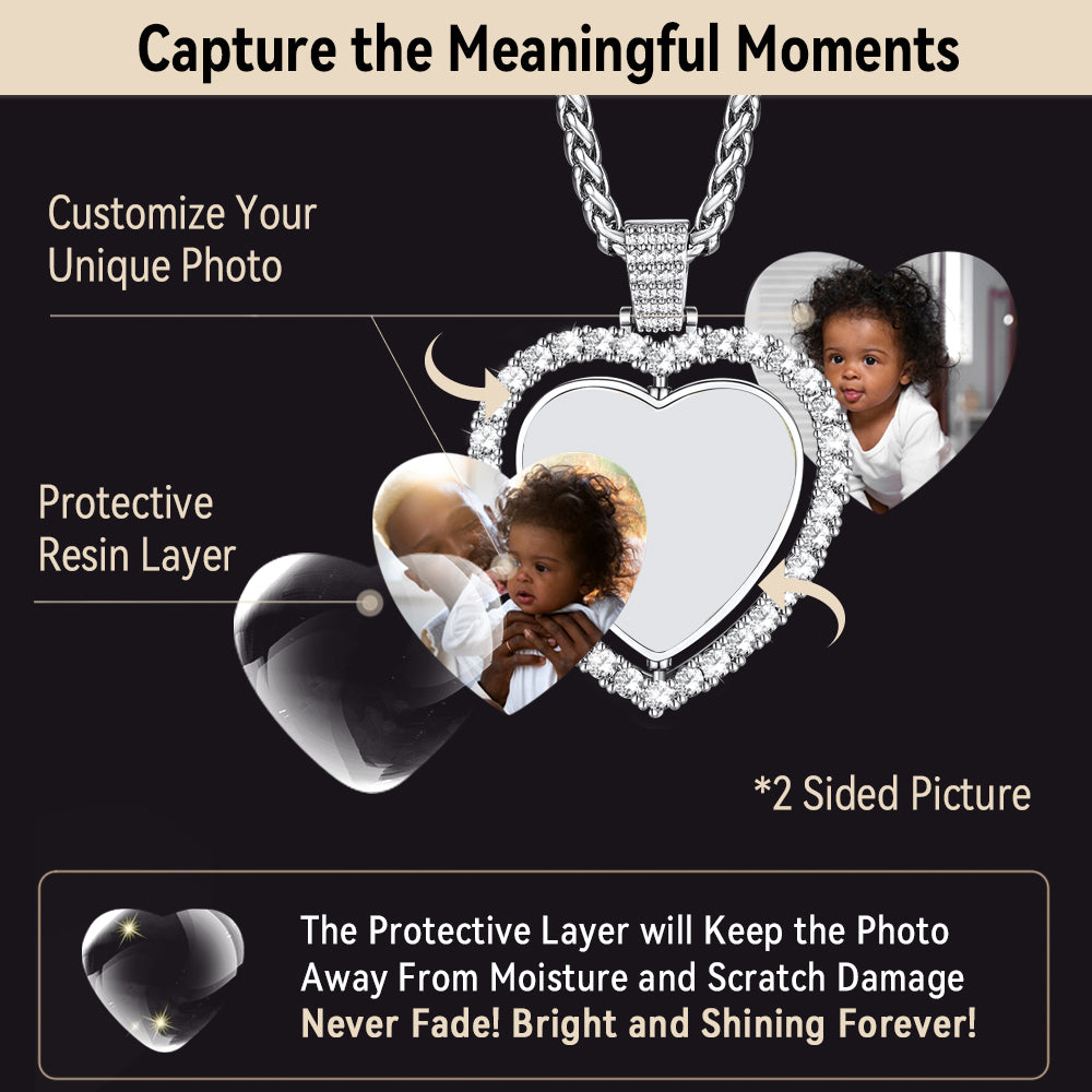 Customized Double-side Heart Picture Photo Necklace with Cubic Zirconia