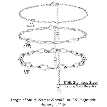 Paperclip anklet size chart showing 2mm, 3mm, and 6mm widths