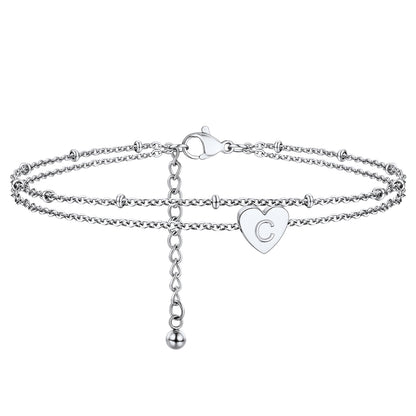 A-Z Initial Letter Heart Ankle Chain Layered Anklet for Women