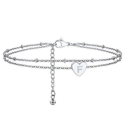 A-Z Initial Letter Heart Ankle Chain Layered Anklet for Women