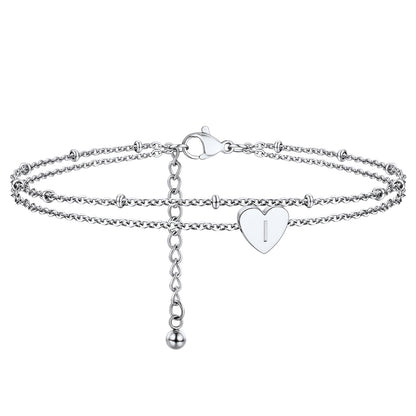 A-Z Initial Letter Heart Ankle Chain Layered Anklet for Women