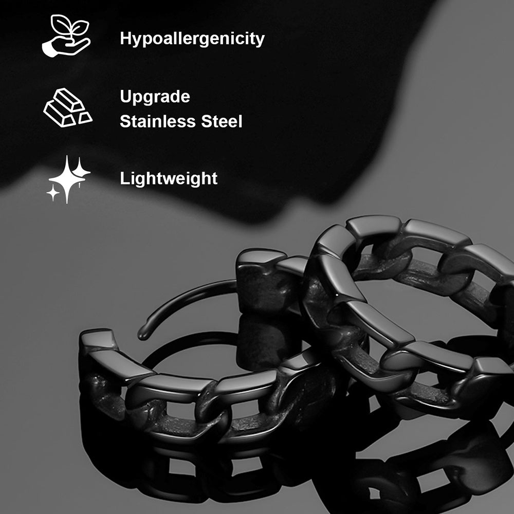 Metallic chain with features highlighted on a dark background