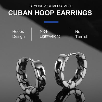 Cuban hoop earrings on a reflective surface with text highlighting features.