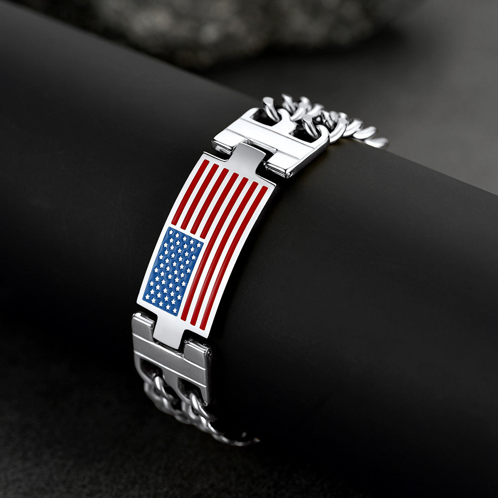 FaithHeart American Flag Bracelet Independence Day Patriot Jewelry Cuban Link Chain FaithHeart