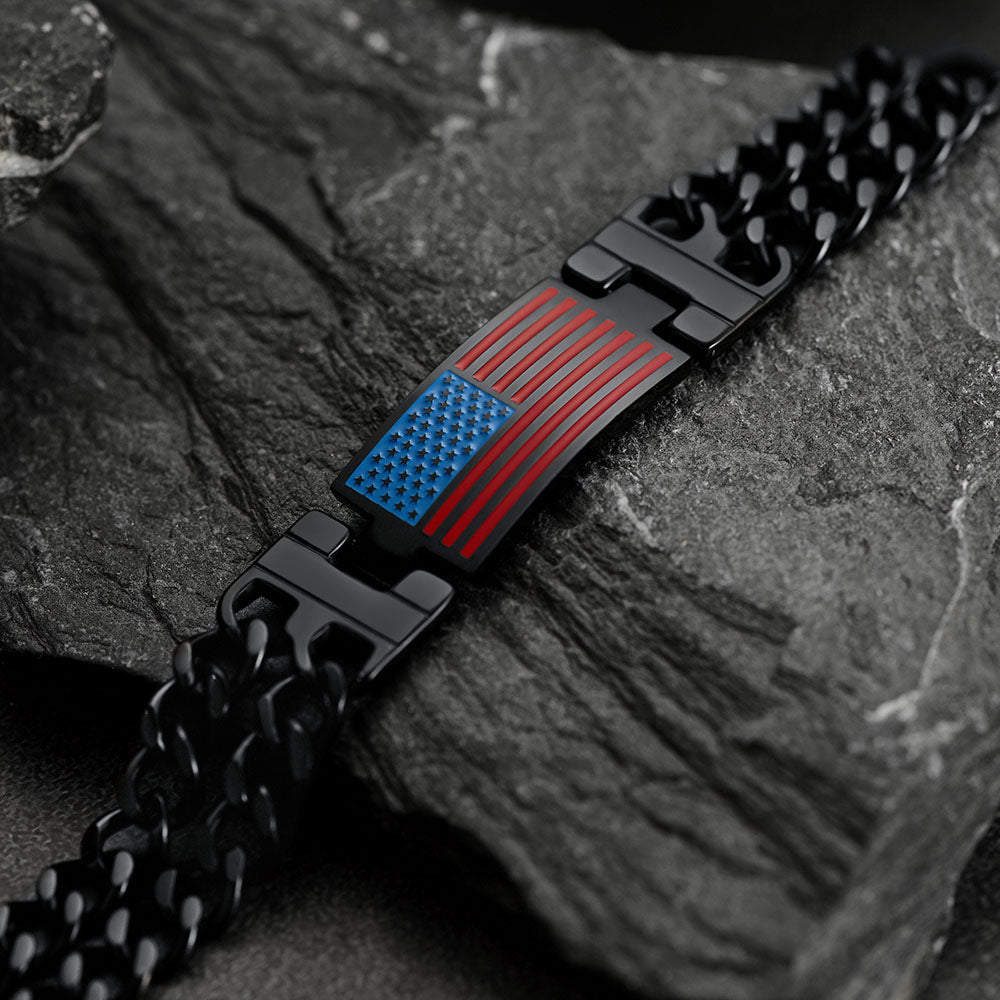 FaithHeart American Flag Bracelet Independence Day Patriot Jewelry Cuban Link Chain FaithHeart