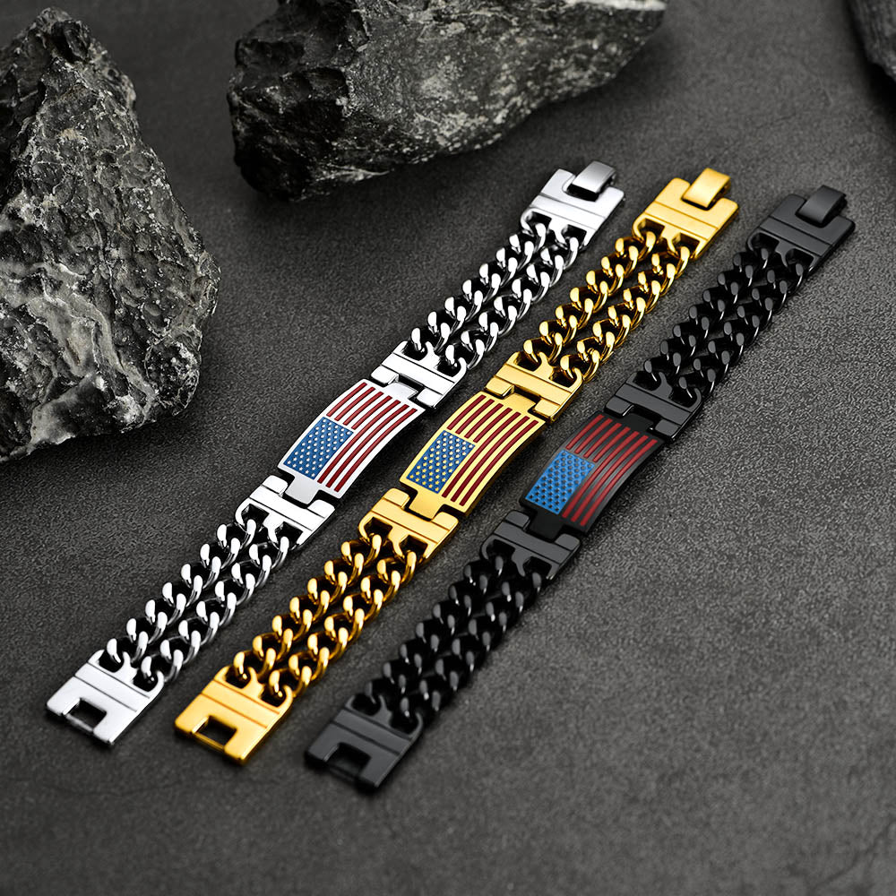 FaithHeart American Flag Bracelet Independence Day Patriot Jewelry Cuban Link Chain FaithHeart