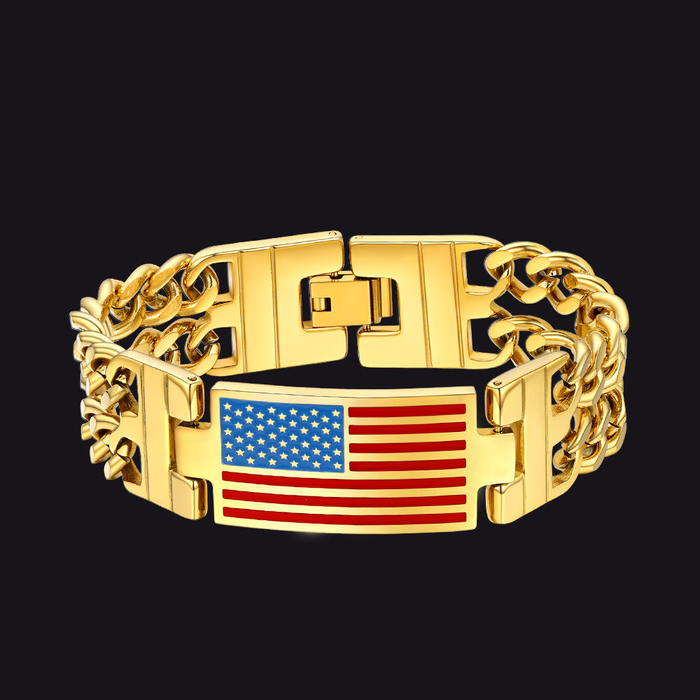 FaithHeart American Flag Bracelet Independence Day Patriot Jewelry Cuban Link Chain FaithHeart