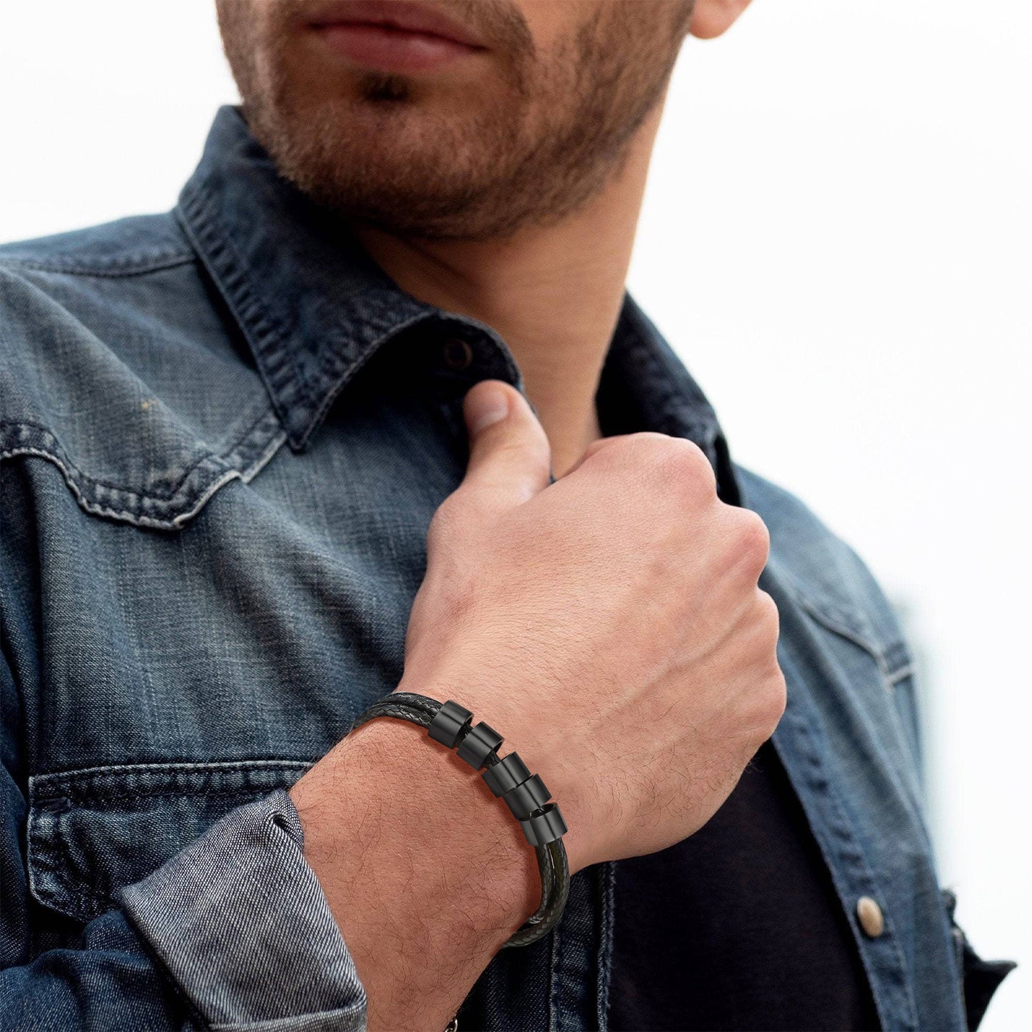 Customized Name Braided Leather Bracelet With Beads for Men Dad Husband
