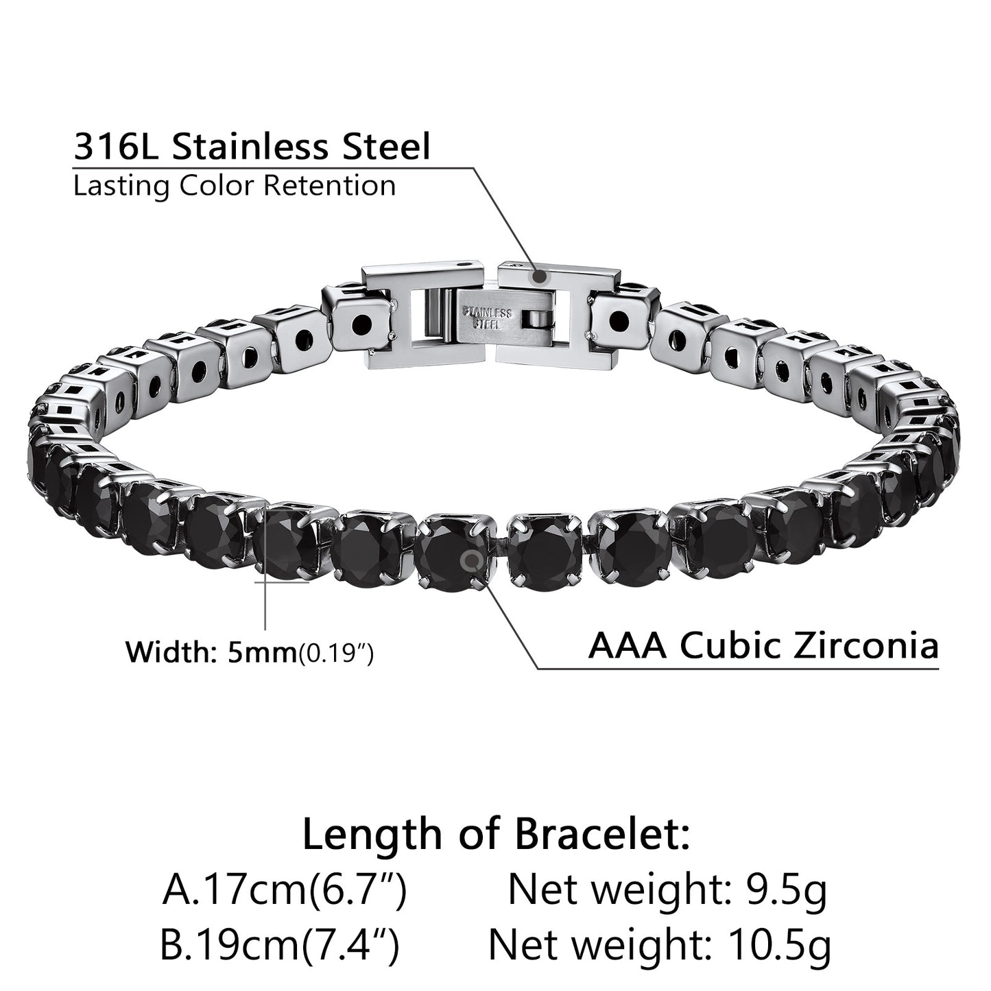 Stainless steel bracelet with black zirconia stones and technical details on a white background