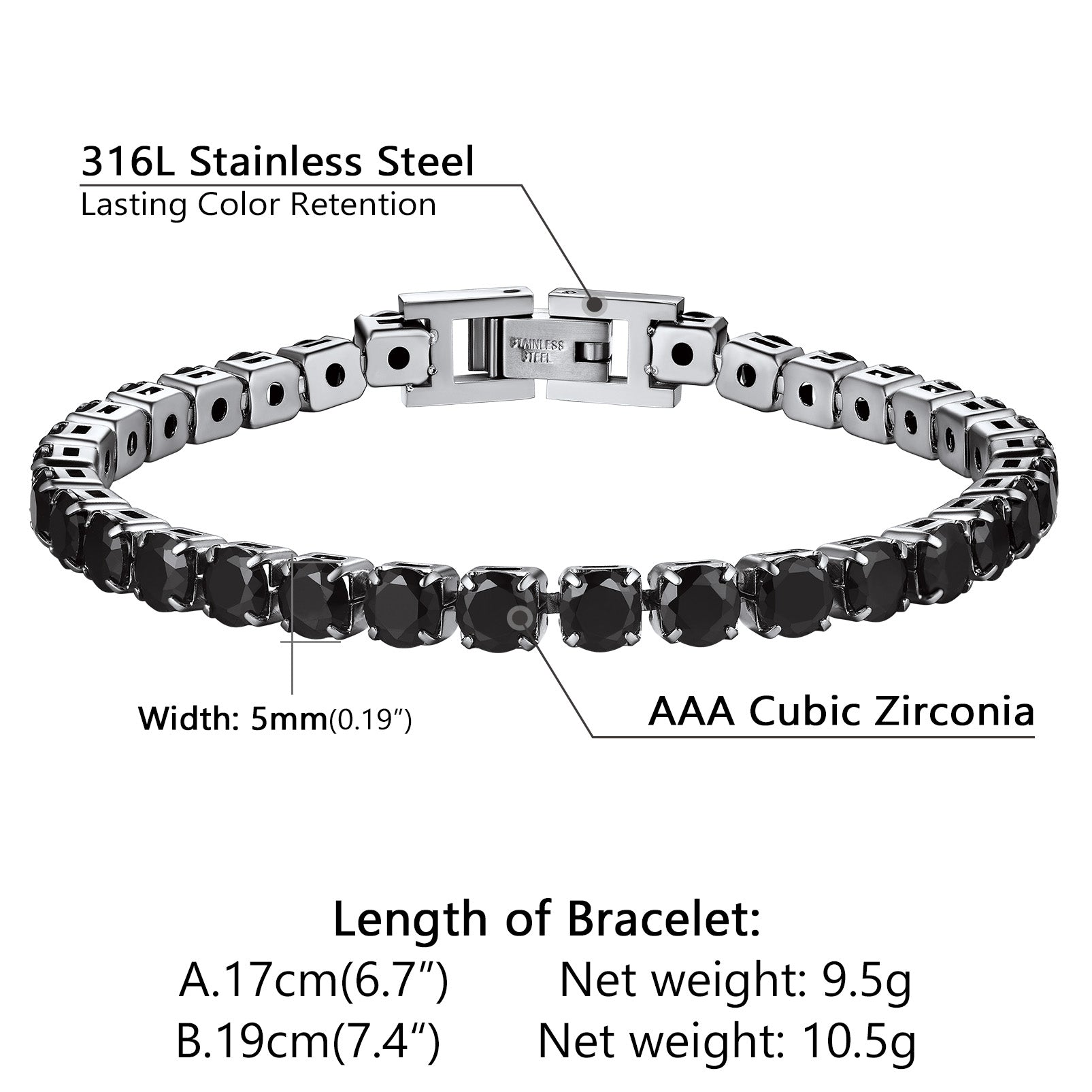 Stainless steel bracelet with black zirconia stones and technical details on a white background