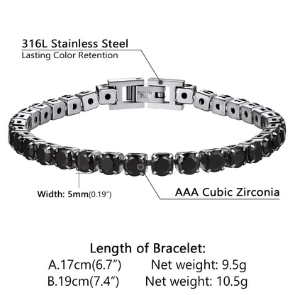 Stainless steel bracelet with black zirconia stones and technical details on a white background