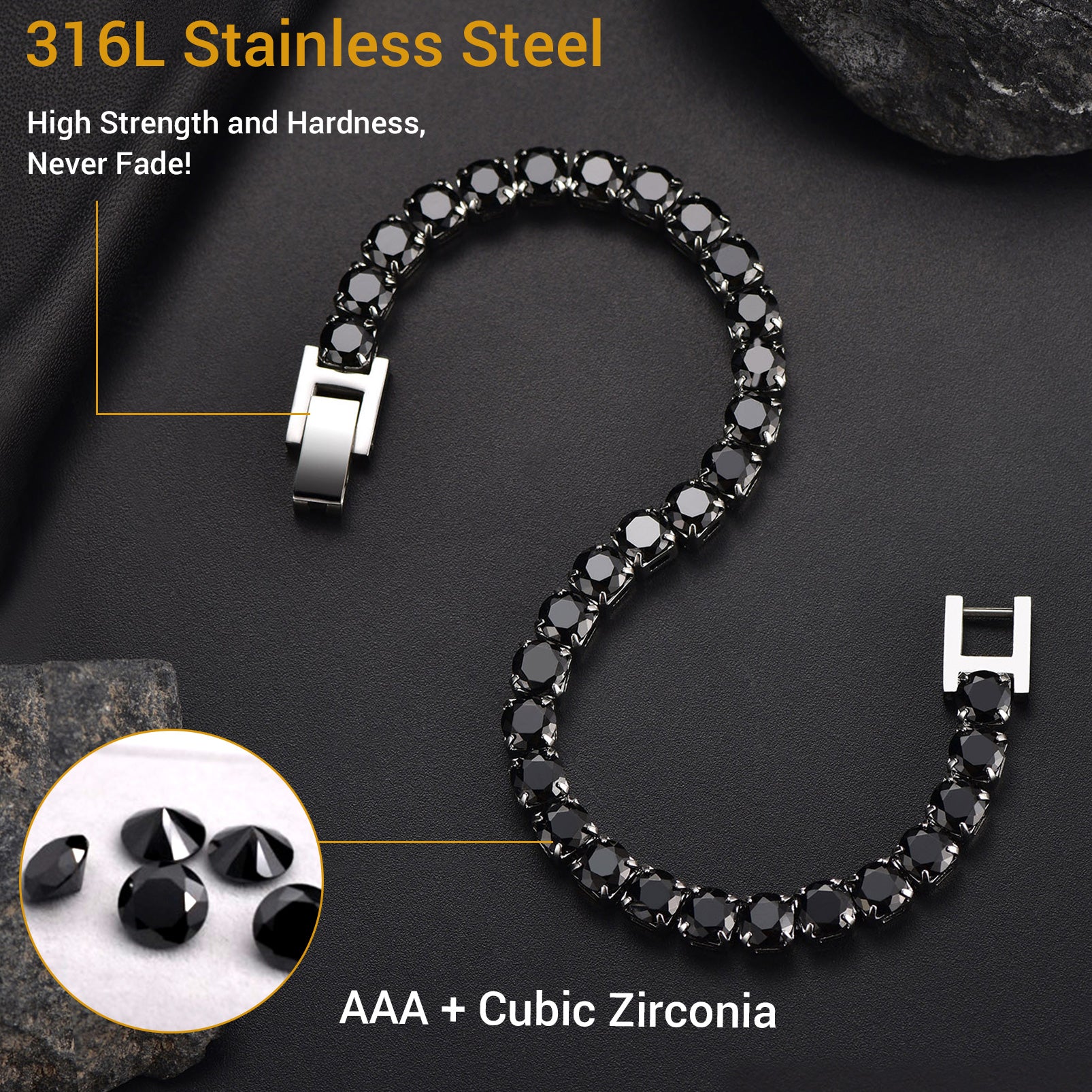 Black beaded bracelet with silver clasp on a dark background, highlighting material and strength.