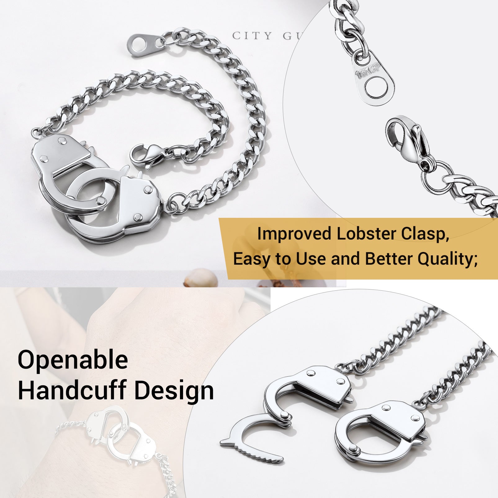 Silver handcuff keychain with openable design and improved lobster clasp on a white background.