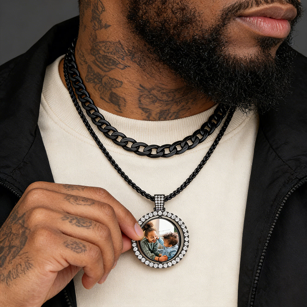 Cuban Chain & CZ Custom Picture Necklace Set for Men